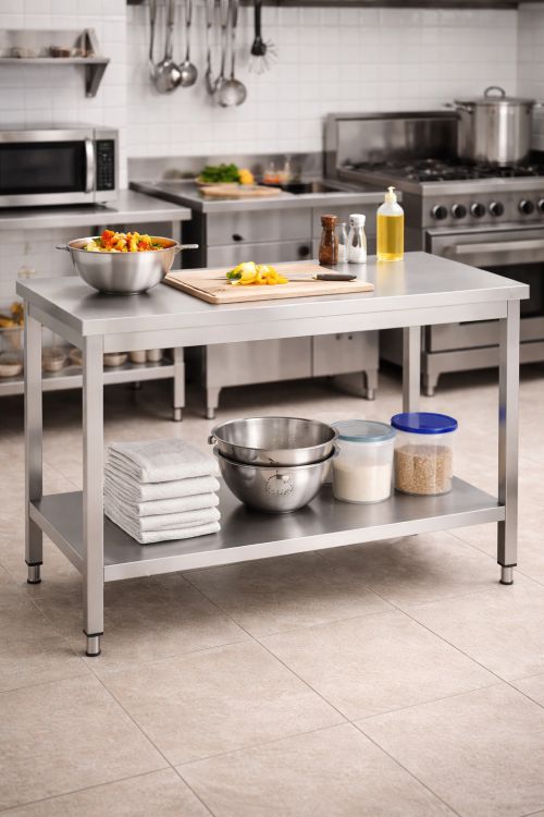 Table de travail inox pour cuisine centrale, avec grande capacité de charge